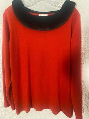Designers Originals Red Sweater with Black Faux Fur Collar Vintage Nostalgic
